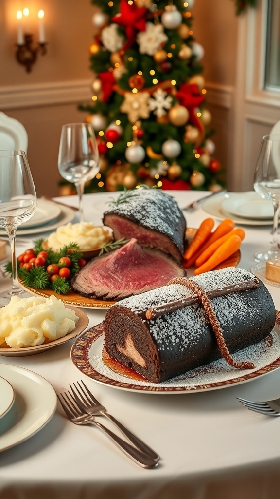 Elegant Christmas Dinner Menu Elegant Christmas dinner table with prime rib, mashed potatoes, carrots, and yule log cake.